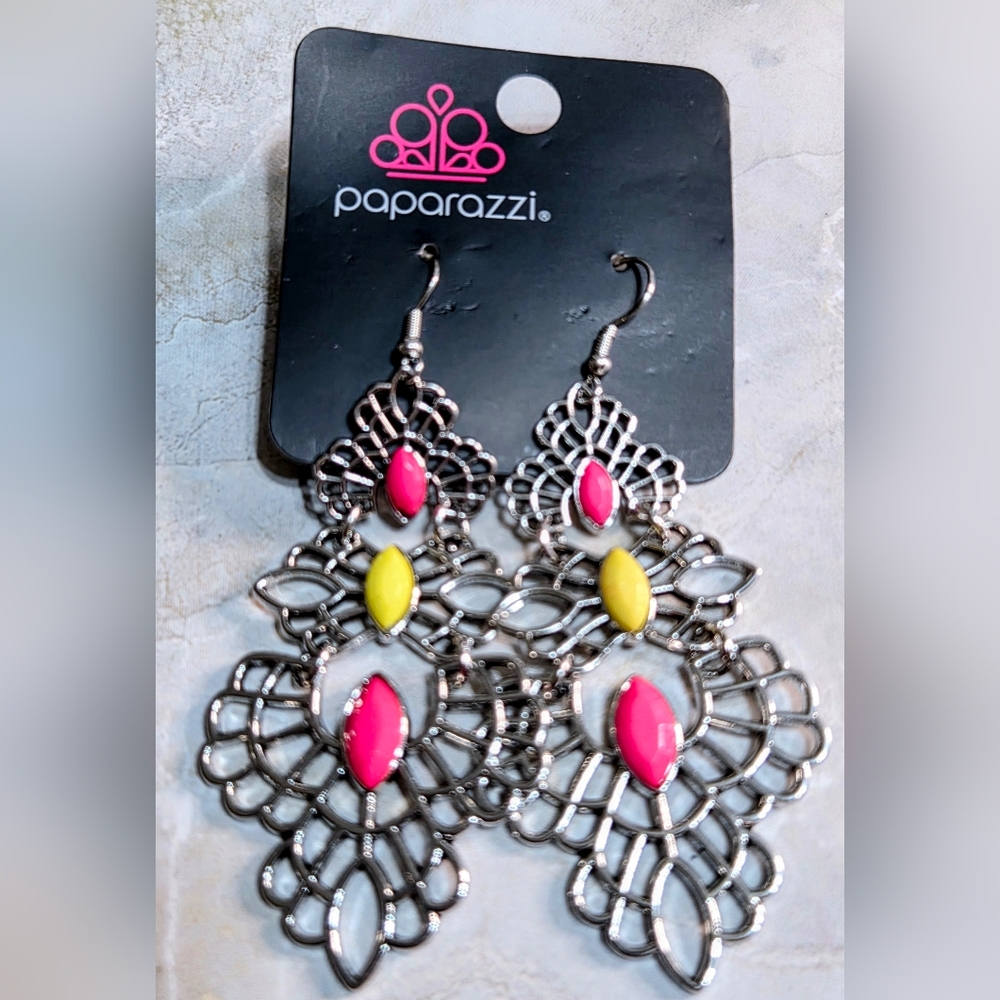 paparazzi Pink and Yellow Filigree Drop Earrings